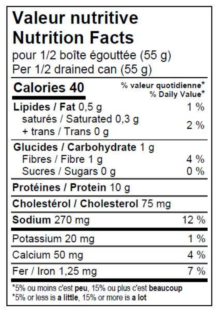 Valeur nutritive d'une conserve de bourgots à la saumure boréale de Chasse-Marée, entreprise locale de Rimouski qui propose des produits de la mer issus de la pêche durable et pêchés au Québec, dans le fleuve Saint-Laurent.