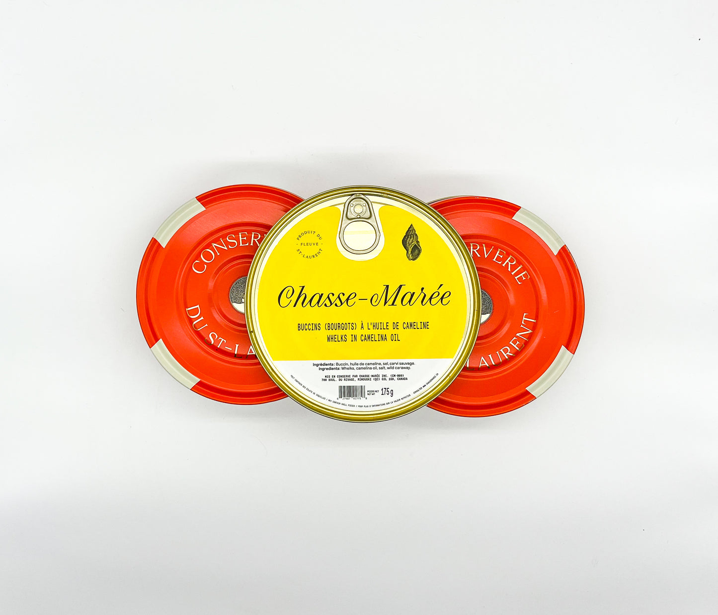 Des conserves de bourgots de Chasse-Marée, entreprise locale de Rimouski qui propose des produits de la mer issus de la pêche durable et pêchés au Québec, dans le fleuve Saint-Laurent.