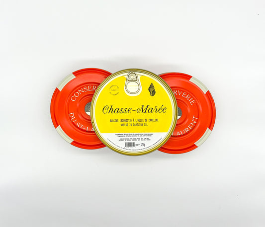 Des conserves de bourgots de Chasse-Marée, entreprise locale de Rimouski qui propose des produits de la mer issus de la pêche durable et pêchés au Québec, dans le fleuve Saint-Laurent.