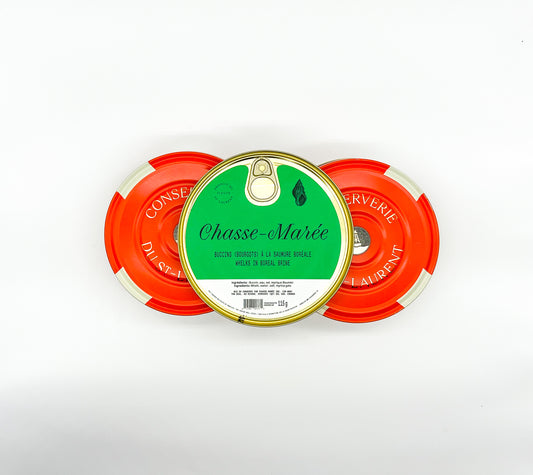 Des conserves de bourgots à la saumure boréale de Chasse-Marée, entreprise locale de Rimouski qui propose des produits de la mer issus de la pêche durable et pêchés au Québec, dans le fleuve Saint-Laurent.