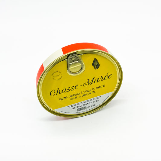 Une conserve de bourgots de Chasse-Marée, entreprise locale de Rimouski qui propose des produits de la mer issus de la pêche durable et pêchés au Québec, dans le fleuve Saint-Laurent.