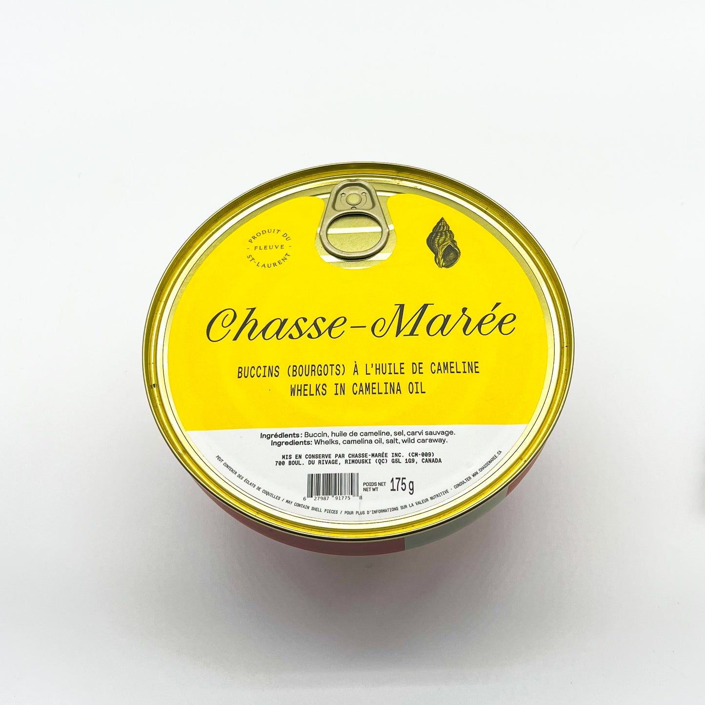 Une conserve de bourgots de Chasse-Marée, entreprise locale de Rimouski qui propose des produits de la mer issus de la pêche durable et pêchés au Québec, dans le fleuve Saint-Laurent.