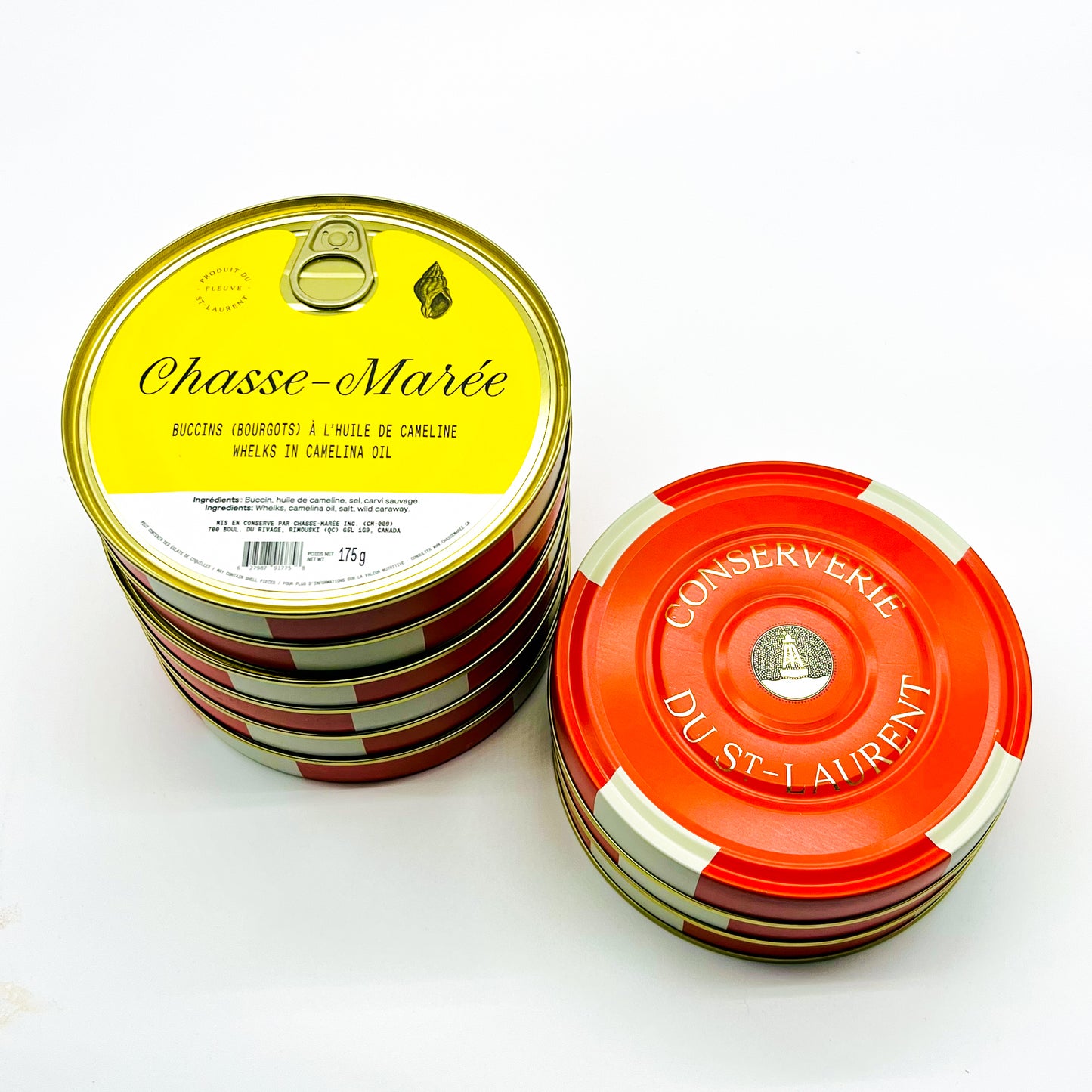 Des conserves de bourgots à l'huile de cameline de Chasse-Marée, entreprise locale de Rimouski qui propose des produits de la mer issus de la pêche durable et pêchés au Québec, dans le fleuve Saint-Laurent.